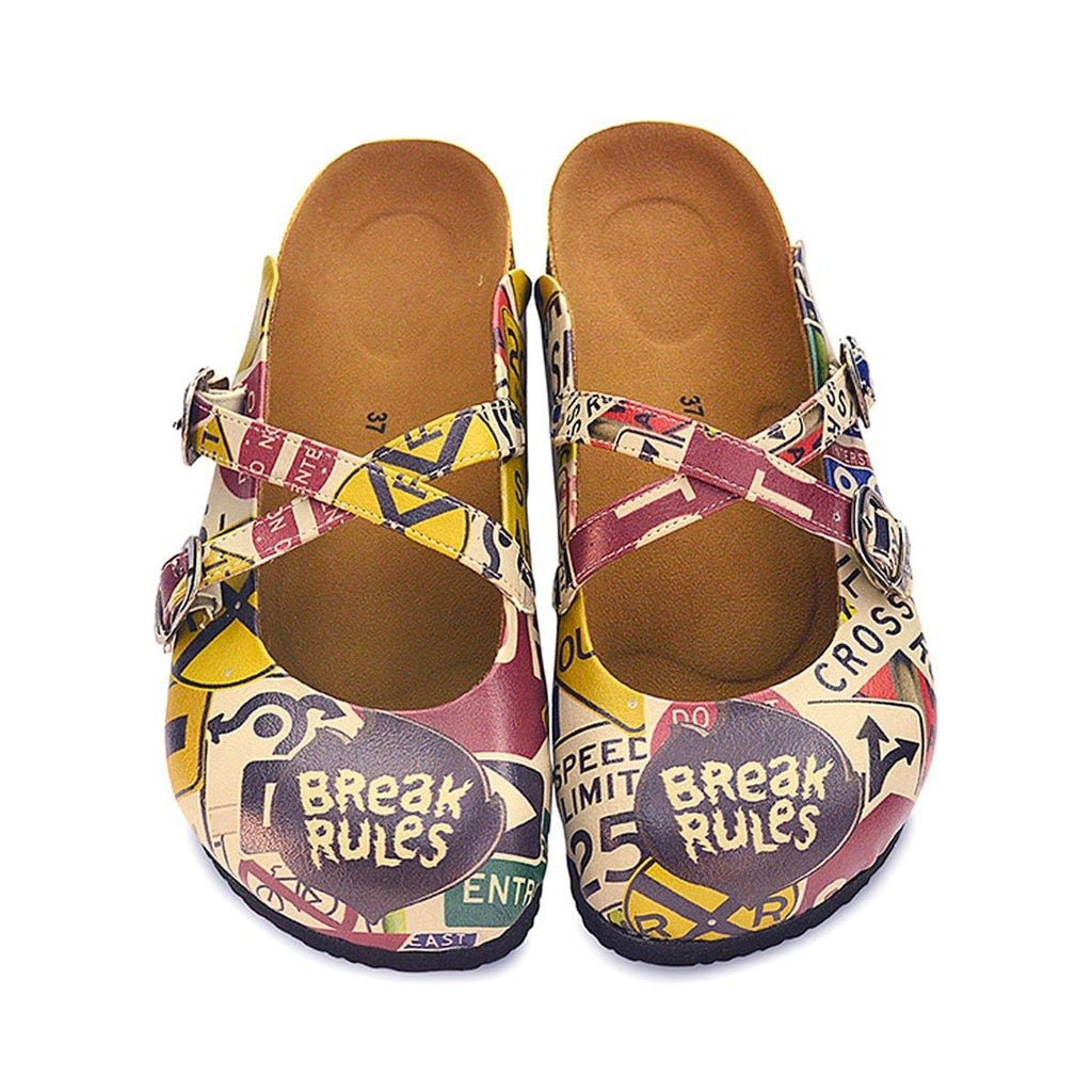 Red, Black, Yellow and Break Rules Written Patterned Clogs - CAL107
