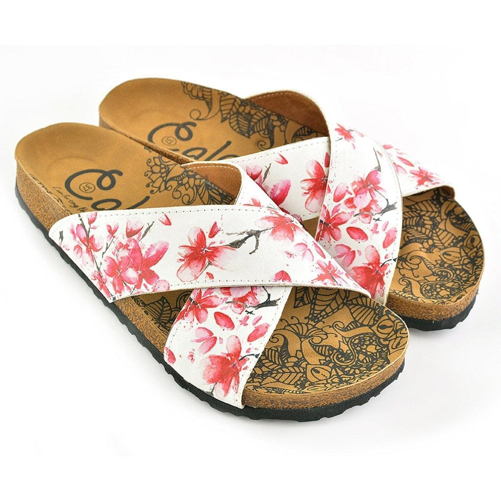 Red and White Flowers Watercolor Patterned, Brown Tree Branch Sandal - CAL1103