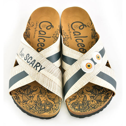 Cream and White Stripes, Black Stripes be Scary Written Patterned Sandal - CAL1105