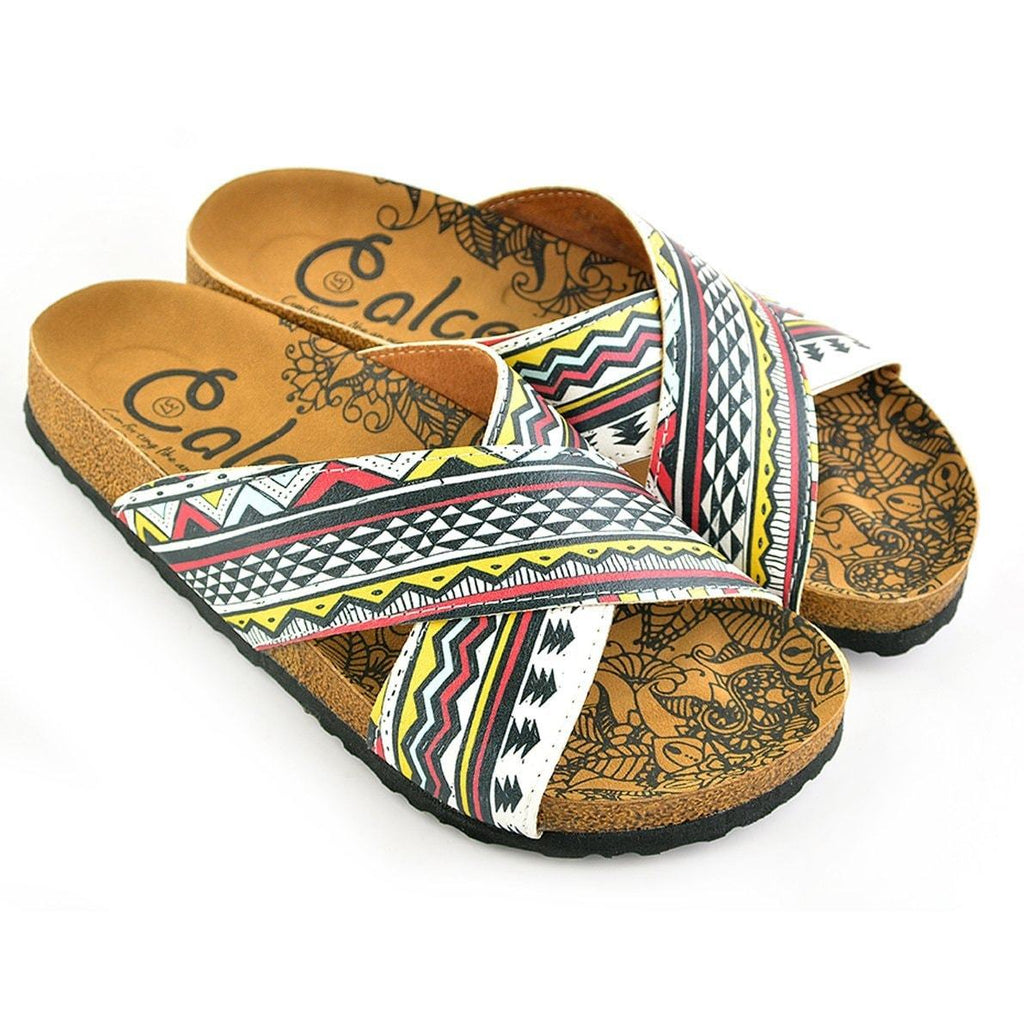 Red, Black, Yellow, White Geometric and Pine Tree Shapes Patterned Sandal - CAL1106