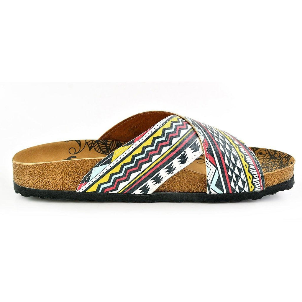 Red, Black, Yellow, White Geometric and Pine Tree Shapes Patterned Sandal - CAL1106