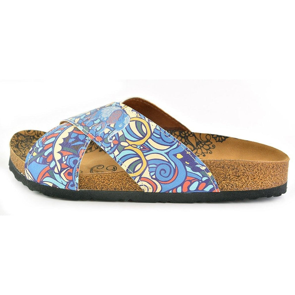 Moving Colored Lines and Sea Waves and Blue, Light Blue, Red Colored Elephant Patterned Sandal - CAL1108