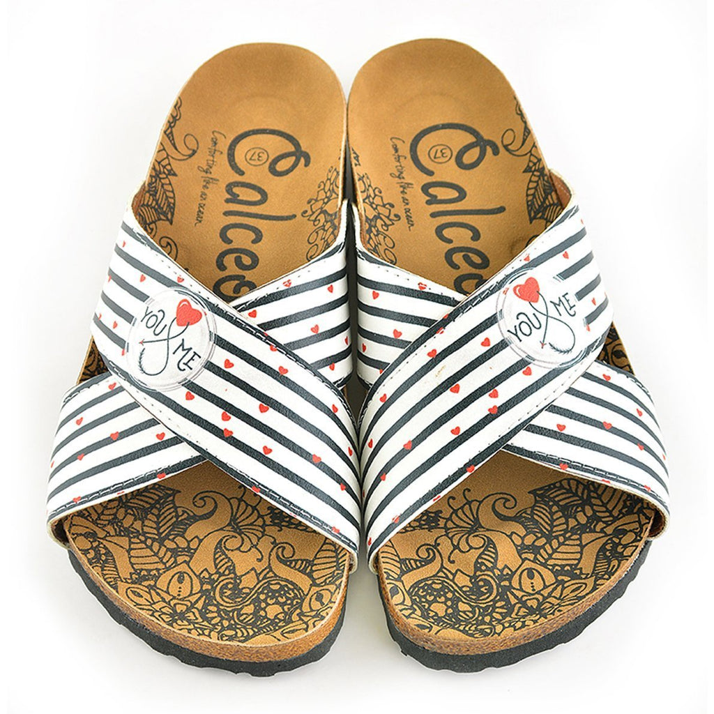 White and Black Stripes and Red Heart, You and Me, Patterned Sandal - CAL1109
