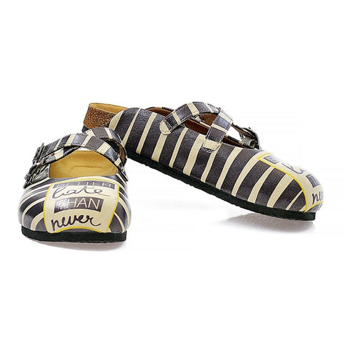 Black and Beige, Stripes, Black Better Late Than Never Written Patterned Clogs - CAL111