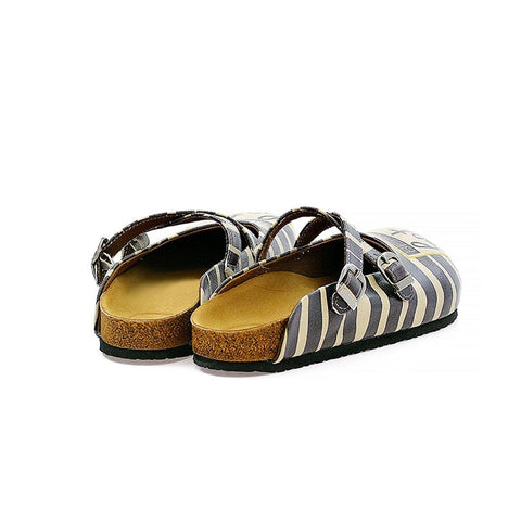 Black and Beige, Stripes, Black Better Late Than Never Written Patterned Clogs - CAL111