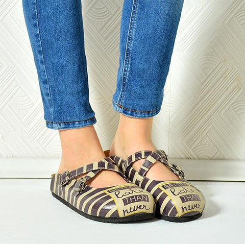 Black and Beige, Stripes, Black Better Late Than Never Written Patterned Clogs - CAL111