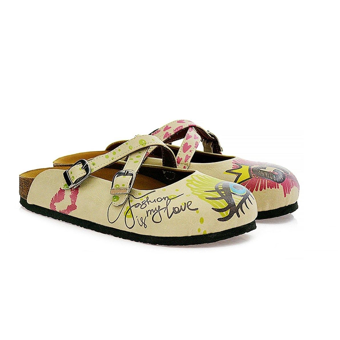 Purple, Green, Yellow, Blue Eyes, Purple Heart, Green Round, Girl and Fashion is My Love Written Beige Patterned Clogs - CAL114