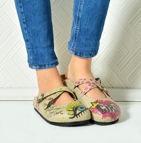 Purple, Green, Yellow, Blue Eyes, Purple Heart, Green Round, Girl and Fashion is My Love Written Beige Patterned Clogs - CAL114