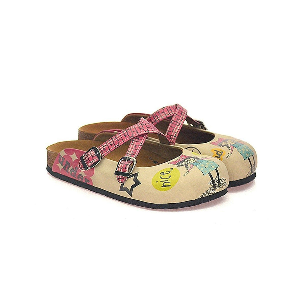 Pink Polkadot and Wall Decoy, Nice, Bad, Evil Written Girls Patterned Clogs - CAL117