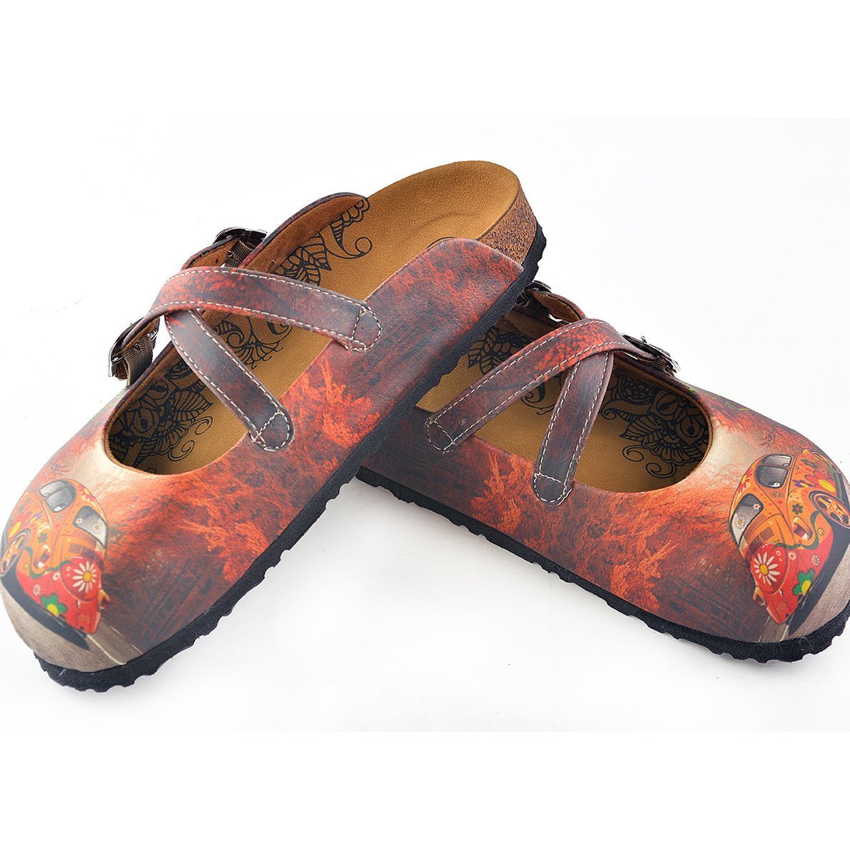 Red, Orange Flowers Car Patterned Clogs - CAL121