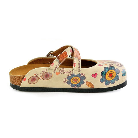 Colored Flowers and Yellow Bird, Eiffel Tower Patterned Clogs - CAL144