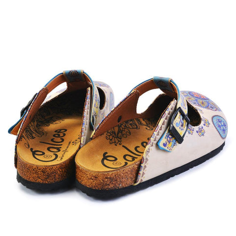 Beige, Light Blue, Yellow Patterned Colored Mosaic Flowers Patterned Clogs - CAL1503