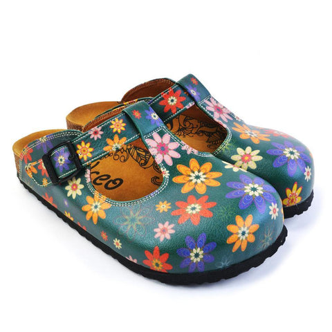 Green and Colored Mixed Flowers Patterned Clogs - CAL1504