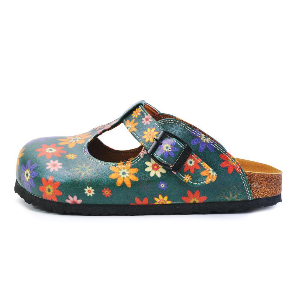 Green and Colored Mixed Flowers Patterned Clogs - CAL1504