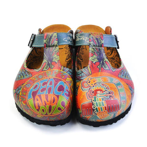 Blue, Orange, Green Peace and Love Written, Colored Dragon and Green Leaf, Blue Butterfly Patterned Clogs - CAL1505