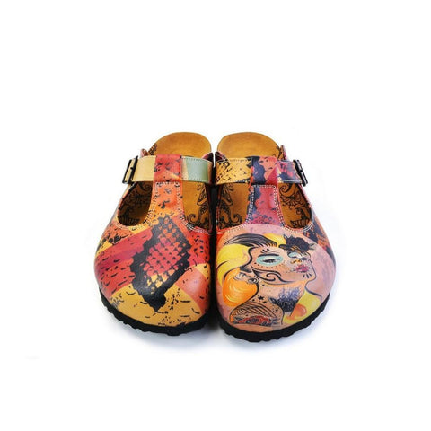 Pink, Red, Yellow Mixed Black Patterned Abstract Women Patterned Clogs - CAL1506