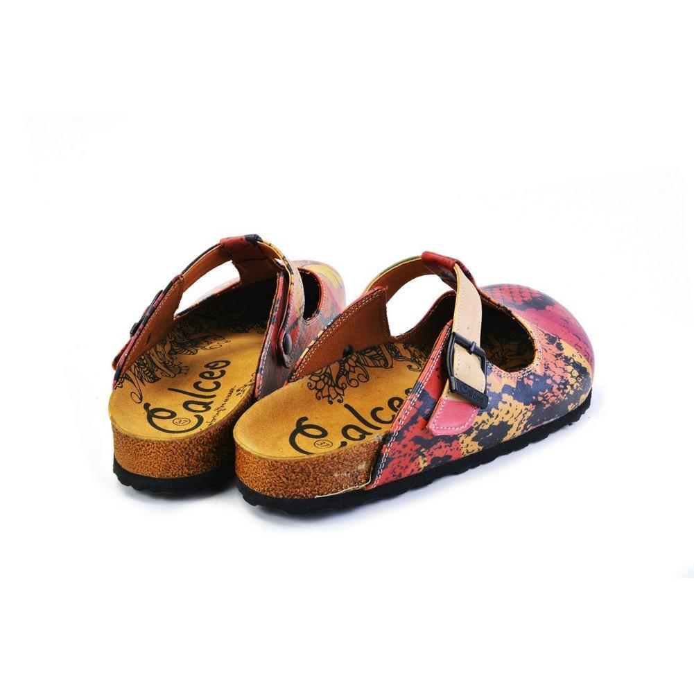 Pink, Red, Yellow Mixed Black Patterned Abstract Women Patterned Clogs - CAL1506