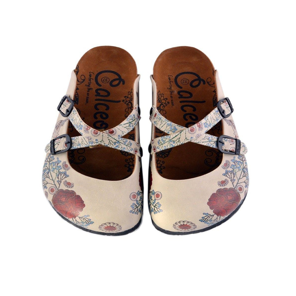 Red Roses and Blue Flowers, Stork Patterned Clogs - CAL157