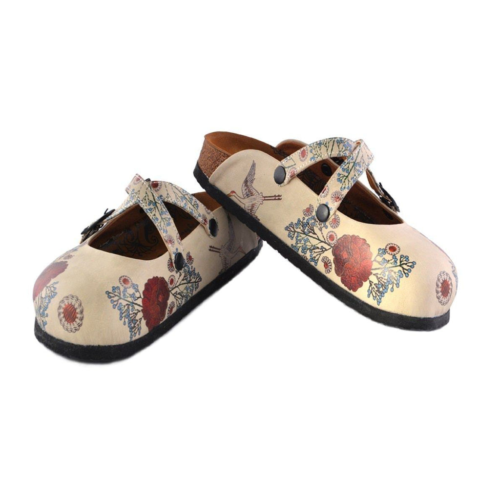 Red Roses and Blue Flowers, Stork Patterned Clogs - CAL157