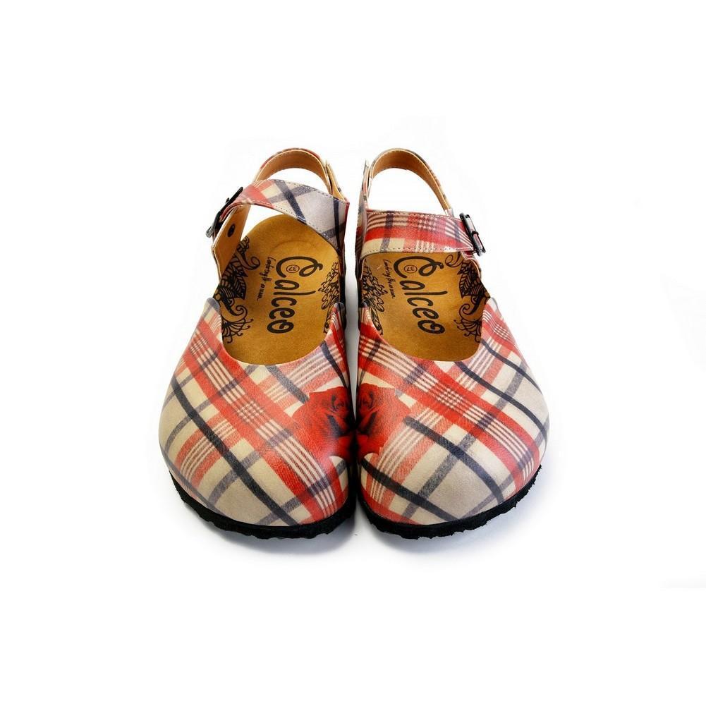 Red, Beige, Black Lines and Red Rose Patterned Clogs - CAL1601