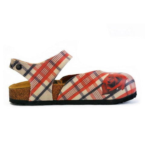 Red, Beige, Black Lines and Red Rose Patterned Clogs - CAL1601