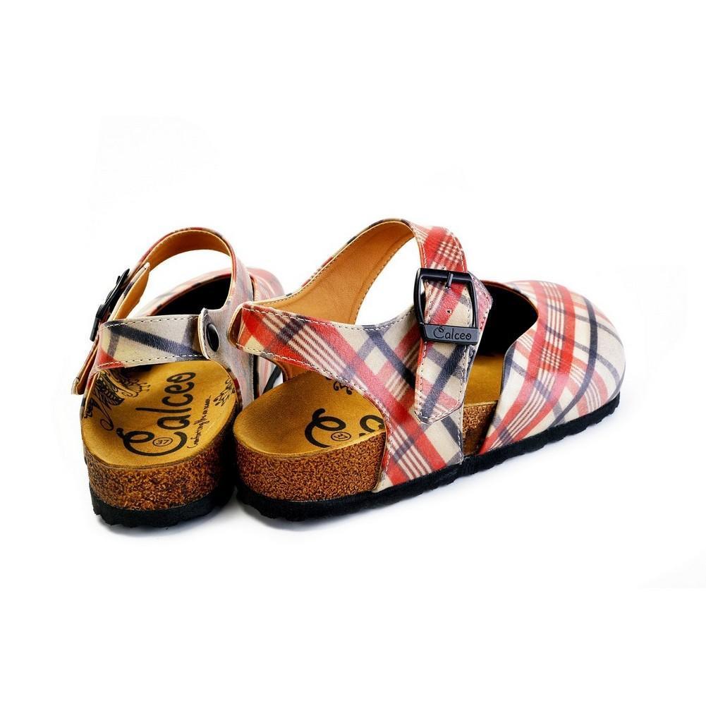 Red, Beige, Black Lines and Red Rose Patterned Clogs - CAL1601