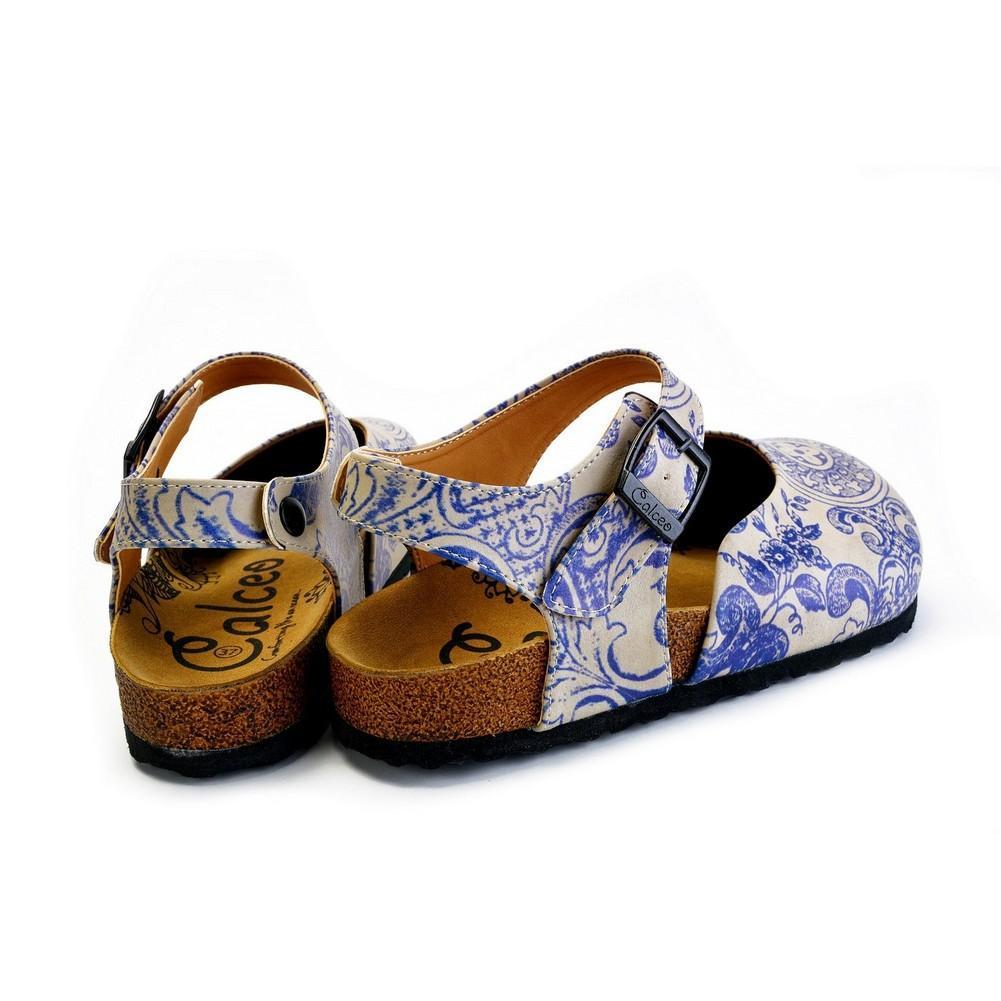 Blue and Beige Flowers Patterned Clogs - CAL1603