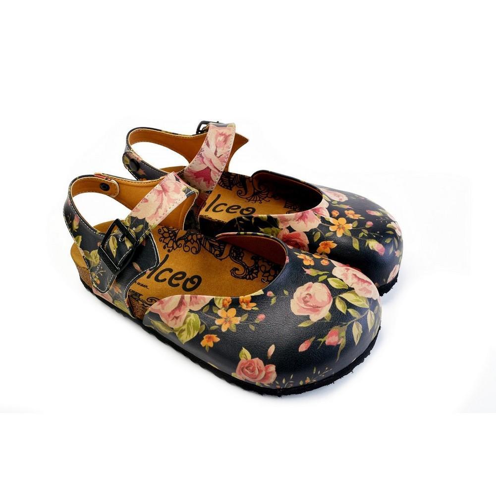 Pink Roses and Orange Flowers, Green Leaf Patterned Clogs - CAL1604