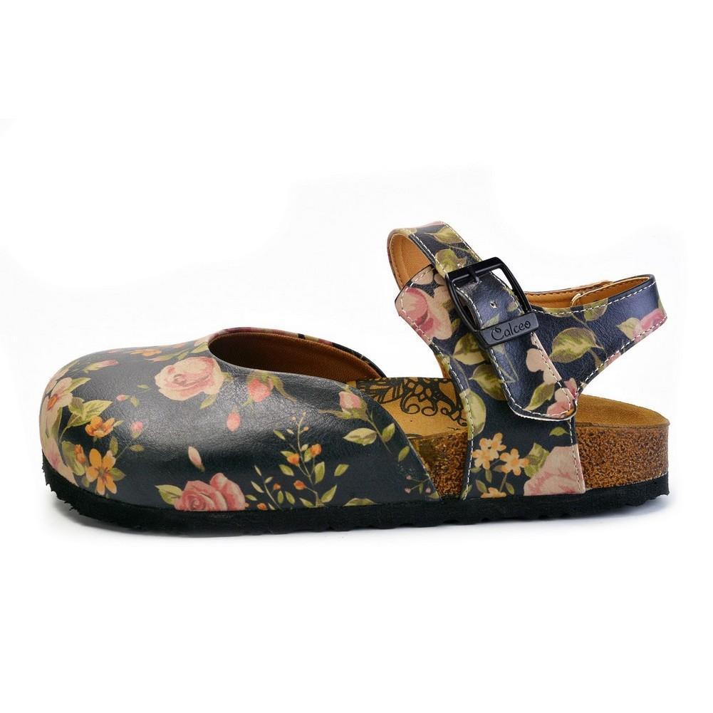 Pink Roses and Orange Flowers, Green Leaf Patterned Clogs - CAL1604