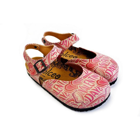 Beige and Red Color, Heart Patterned, Valentines Day Written Patterned Clogs - CAL1605