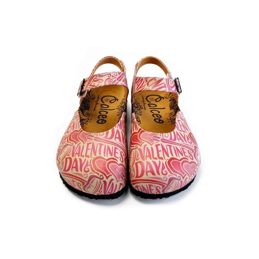 Beige and Red Color, Heart Patterned, Valentines Day Written Patterned Clogs - CAL1605