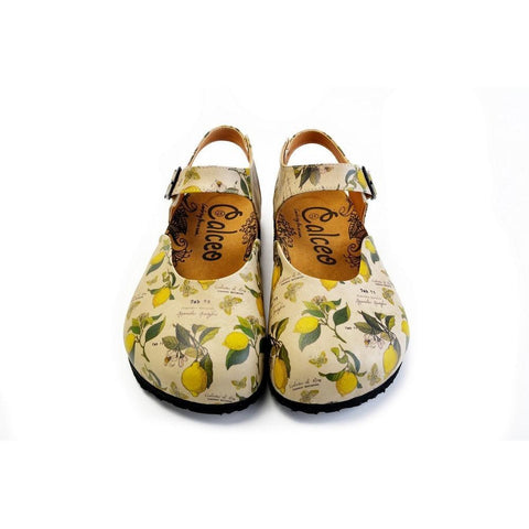 Beige, Green Leaf and Yellow Lemon Patterned and Yellow Butterflys Clogs - CAL1606