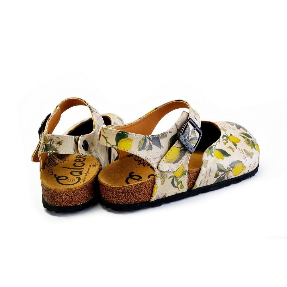 Beige, Green Leaf and Yellow Lemon Patterned and Yellow Butterflys Clogs - CAL1606