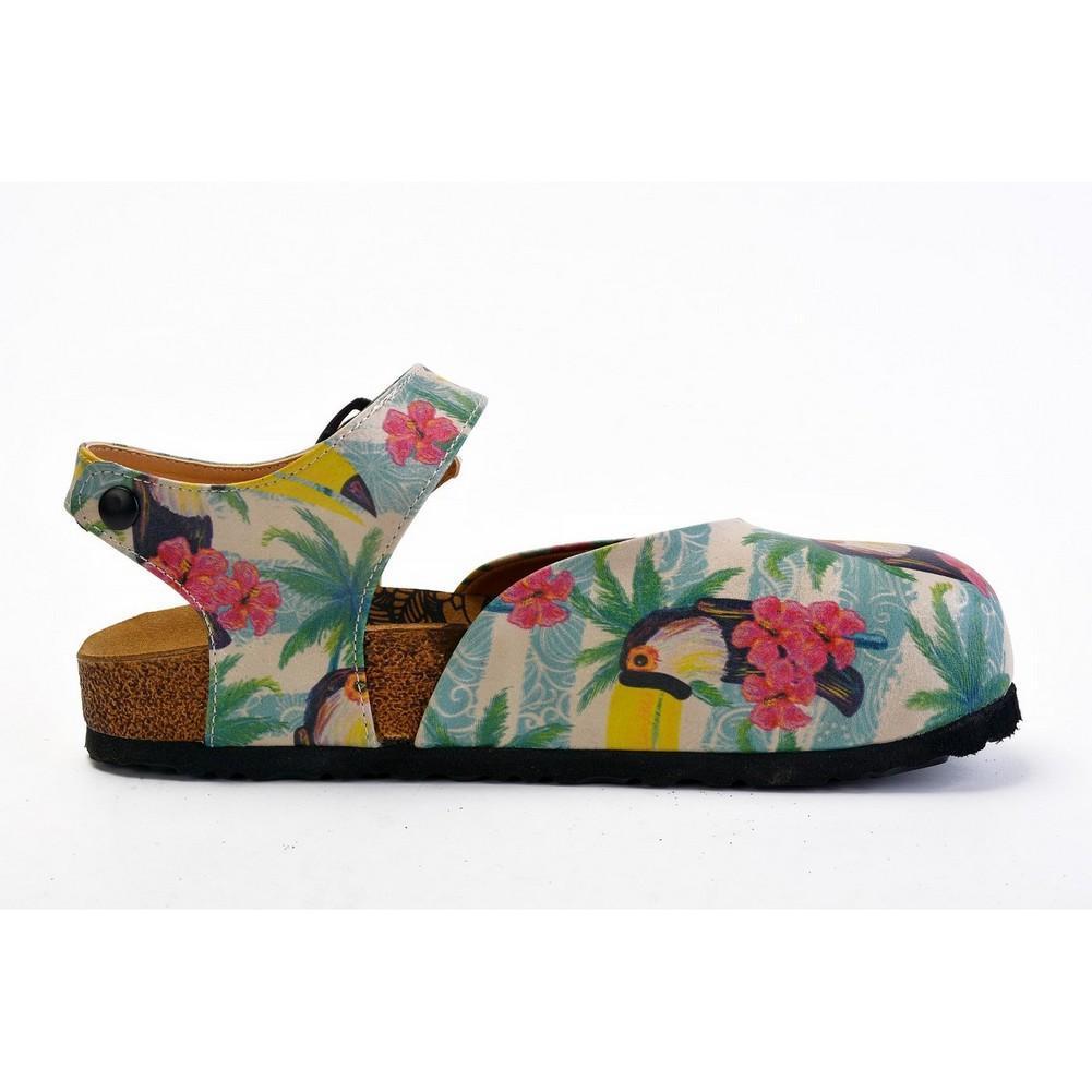 Pink, Blue, Beige Color and Pink Flowers, Yellow Toucan Patterned Clogs - CAL1608