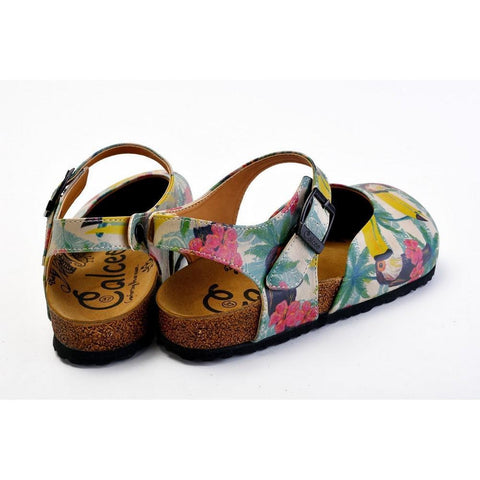 Pink, Blue, Beige Color and Pink Flowers, Yellow Toucan Patterned Clogs - CAL1608