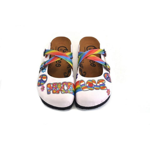 White and Rainbow, Colored Flowers and Peace Love Written Patterned Clogs - CAL162