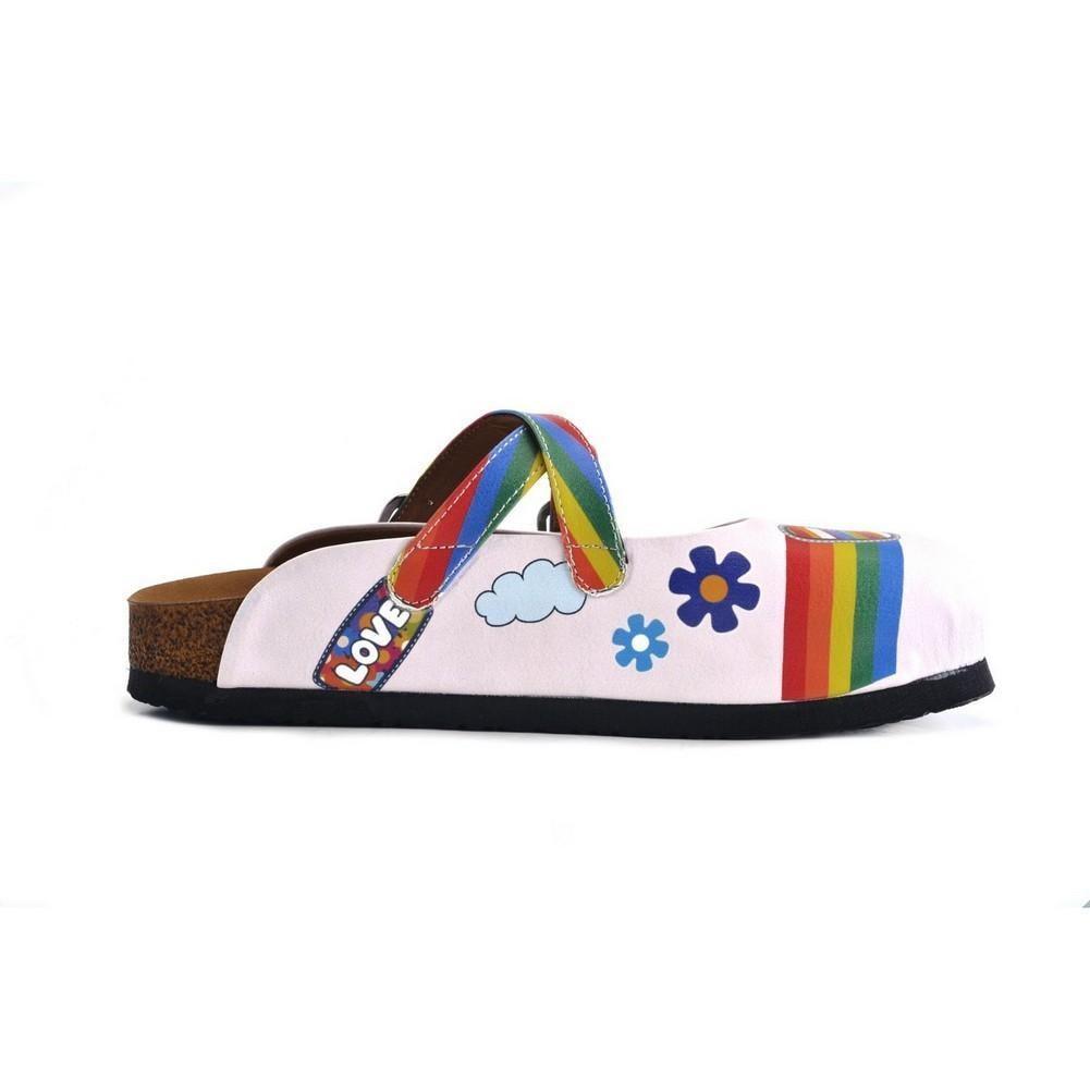 White and Rainbow, Colored Flowers and Peace Love Written Patterned Clogs - CAL162