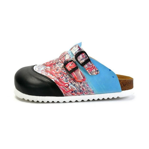 Black and White, Blue Storks Patterned Clogs - CAL1701