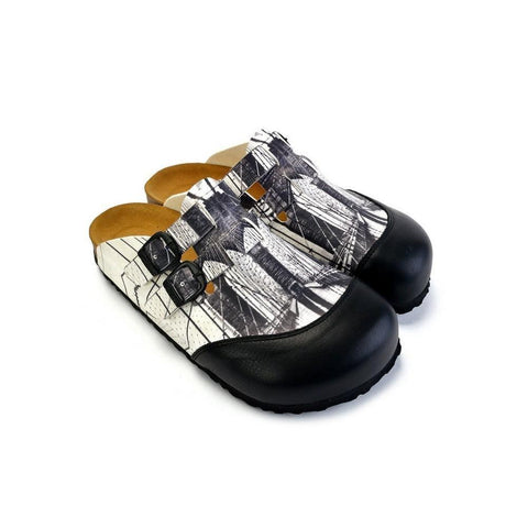 Black and White, Brooklyn Bridge Patterned Clogs - CAL1702