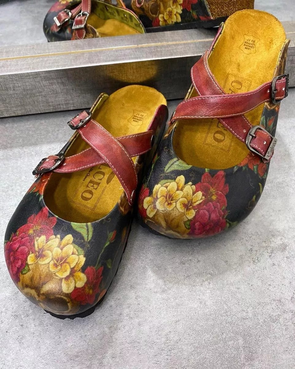 Red, Black Color and Flowering Skull Patterned Clogs - CAL171