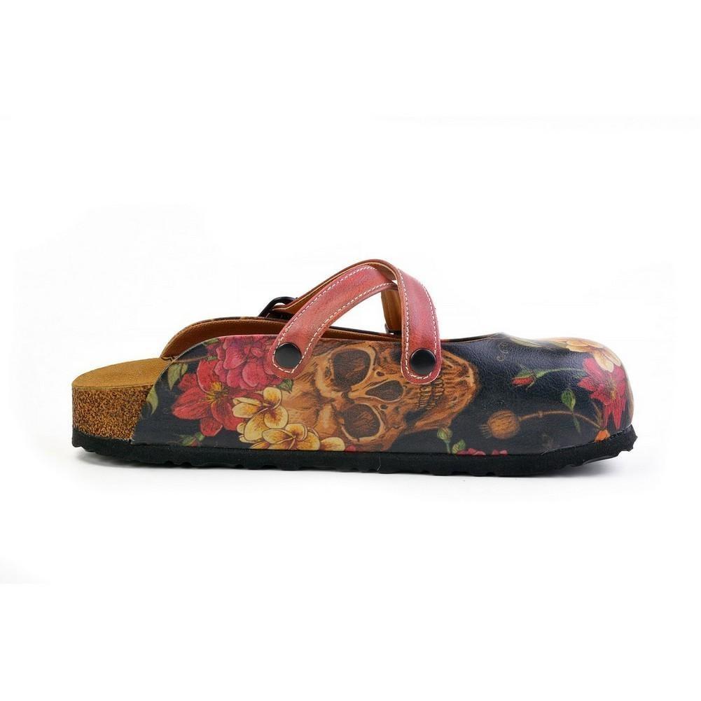 Red, Black Color and Flowering Skull Patterned Clogs - CAL171