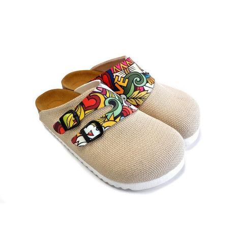 Beige and Colored Mixed Love Written Patterned Clogs - CAL1801
