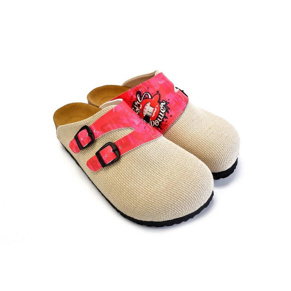 Beige, Pink Color and Girl Power Written Patterned Clogs - CAL1803
