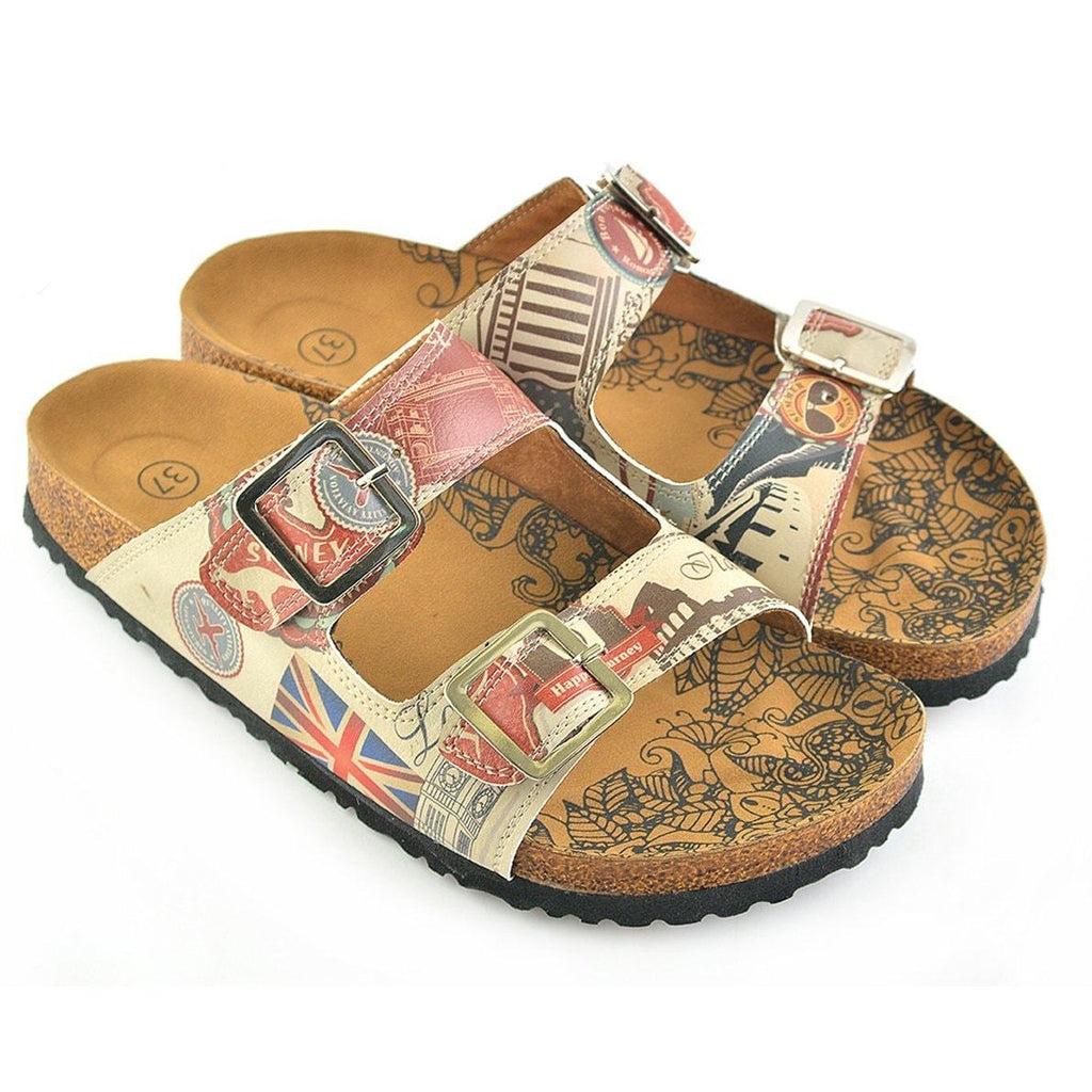 Cream, Red, Brown Italy Written Patterned Sandal - CAL202
