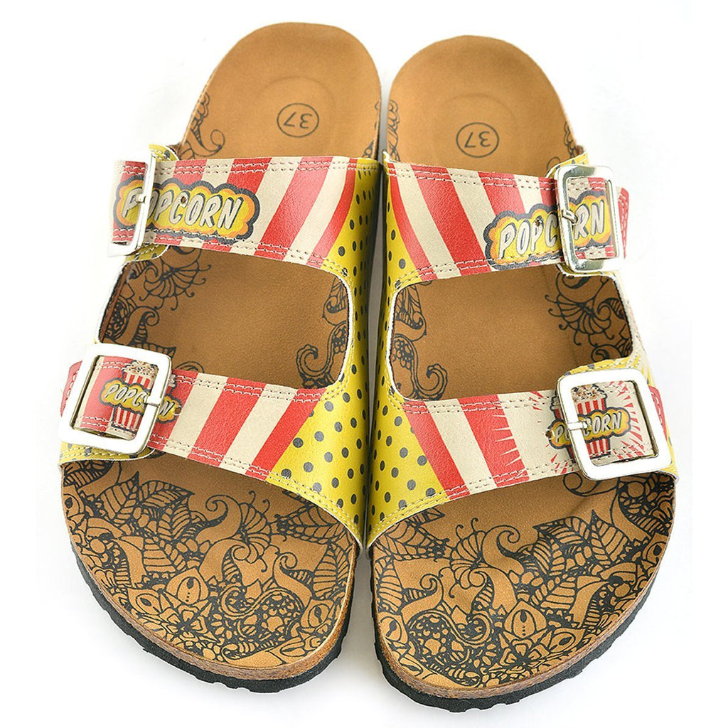 Yellow and Black Polkadot and Red, Cream Strip, Popcorn Written Patterned Sandal - CAL203