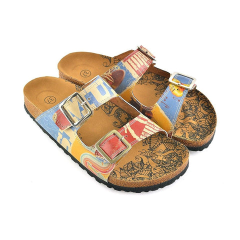 Cream and Blue Color Music Written and Red, Cream Piano Pattern and Music Notes Patterned Sandal - CAL204