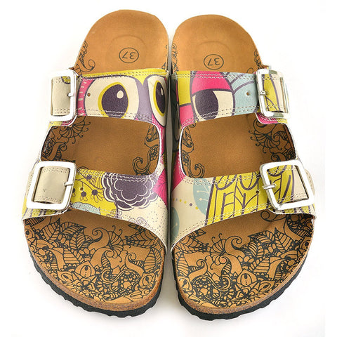 Blue, Pink, Cream, Yellow Color, Flowers Owl Patterned Sandal - CAL205