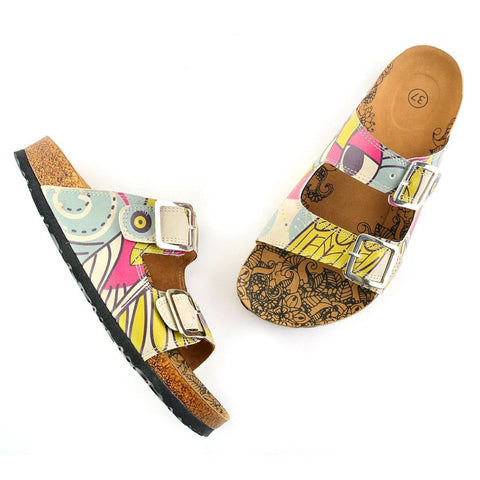 Blue, Pink, Cream, Yellow Color, Flowers Owl Patterned Sandal - CAL205