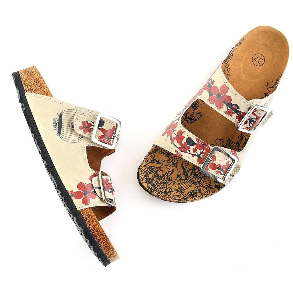 Cream and Red Flowers, Black Tree Leaf and Black Bird Patterned Sandal - CAL207