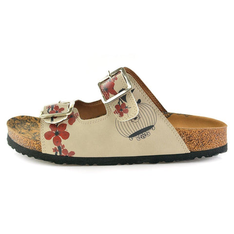 Cream and Red Flowers, Black Tree Leaf and Black Bird Patterned Sandal - CAL207
